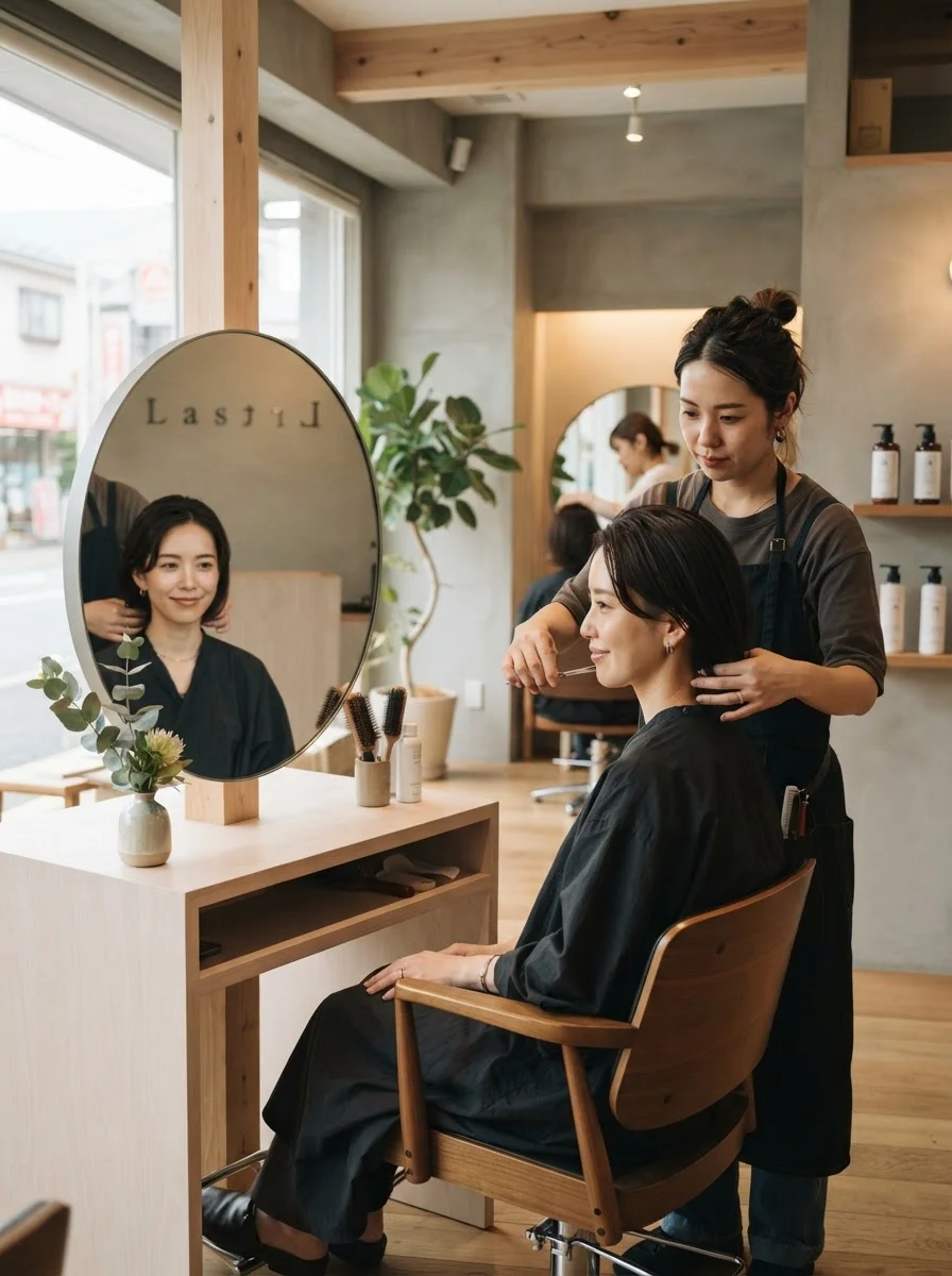 サロンのセット面に立ち、施術道具を手にした女性スタイリスト