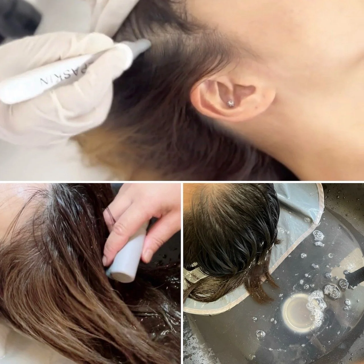 頭皮ケアとカラー施術、シャンプーの様子